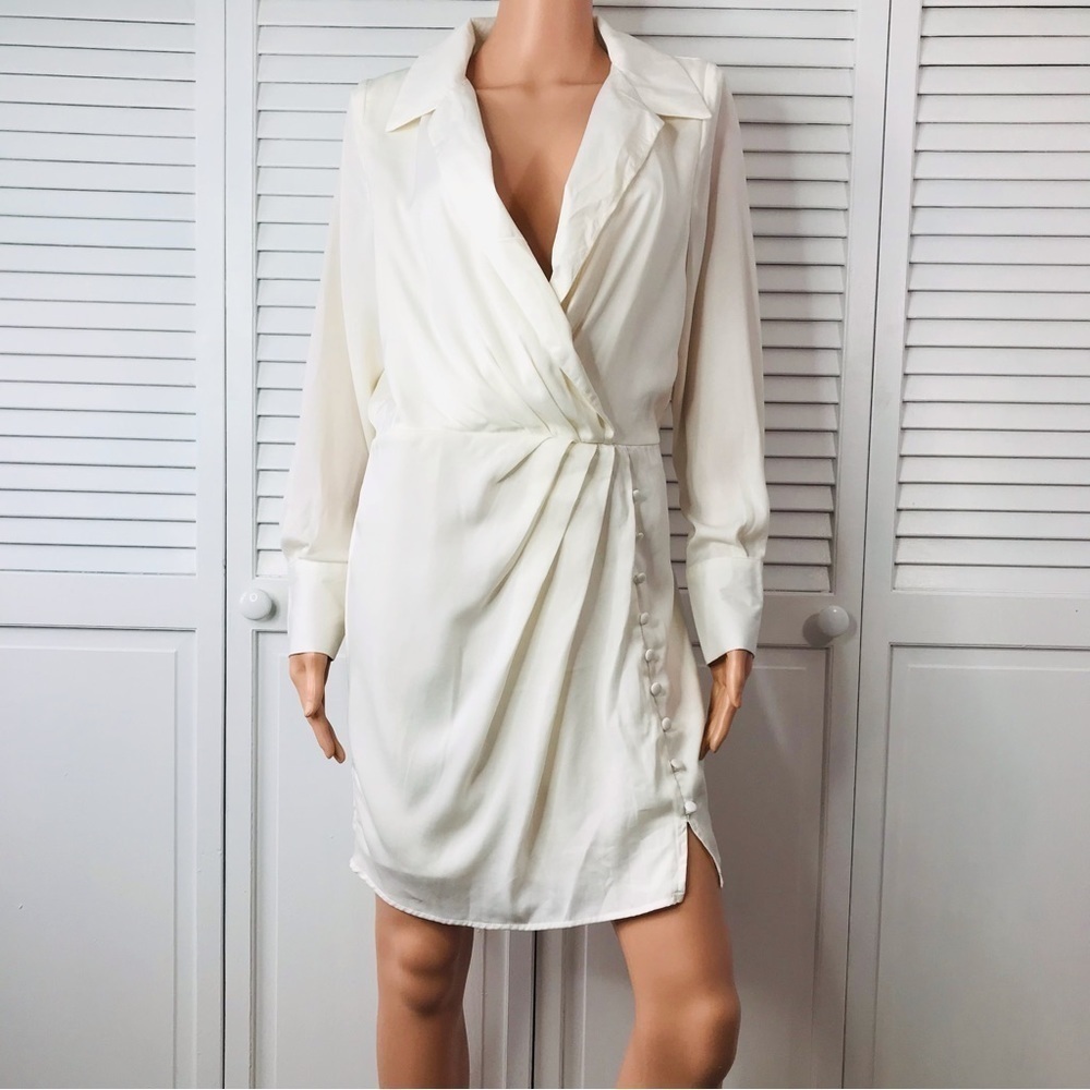 New NASTY GAL Button Front Draped Neckline Mini Short Ivory Dress Size 8